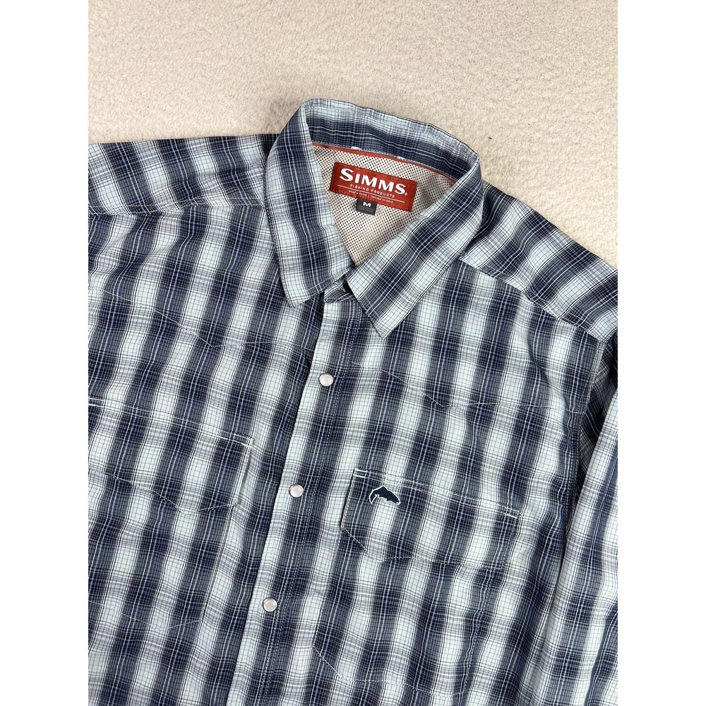 Simms Shirt Mens Medium Blue Plaid Long Sleeve Pearl Snap Fishing Outdoor Casual - Picture 3 of 9